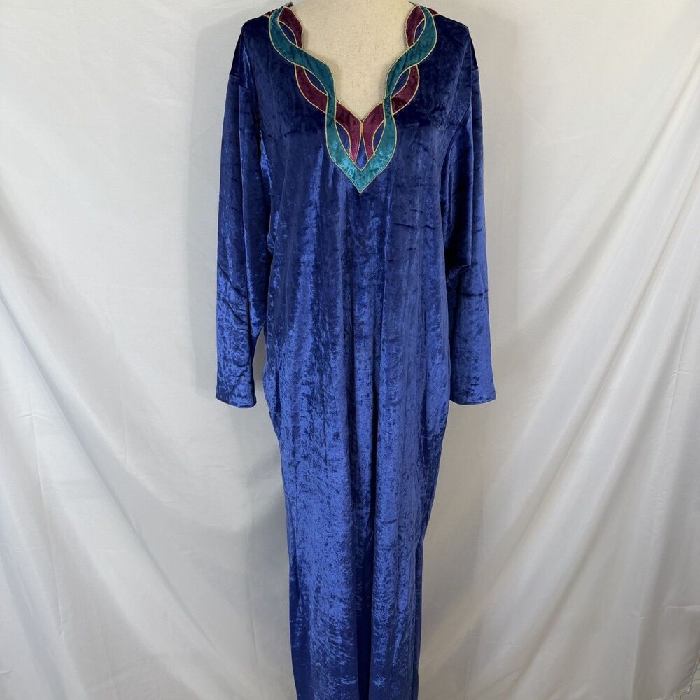 VTG Oscar De La Renta Swirl House Dress Blue Velvet Maxi Medium Long Pockets